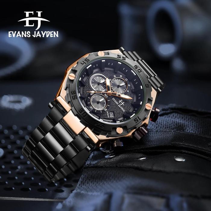 Buy 1 Get 1 !!! Evans Jayden Jam Tangan Pria EJ 9840 Rantai Stainless Steel Chronograph Kaca Sapphir