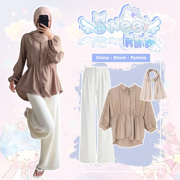 Outfit Hijab Korean Look 3in1 / atasan Blouse Alya Airflow + Celana Knit Highwaist + Pashmina Ceruty