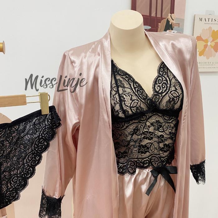 Miss Linje Setelan Baju Tidur Kimono Satin Dalaman Lette & Hotpants Renda 4In1 Muat Sampai B Size Ju