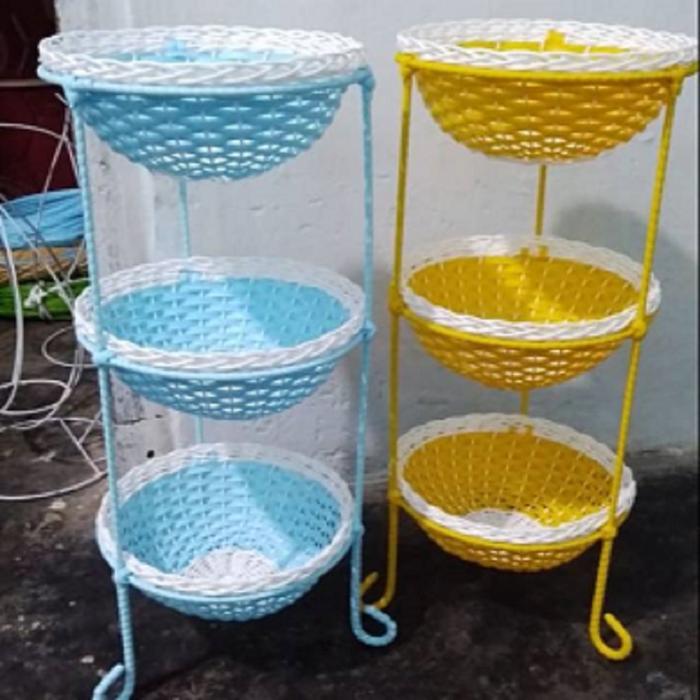 Rak Bawang 3 Susun OVAL Rotan Sintetis Kerangka BESI Rak Bumbu Dapur Rotan Keranjang Serbaguna Rak S