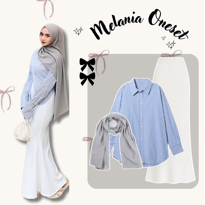 Melanie OneSet 3 in 1 (Pasmina Abu - kemeja Salur Biru Oversize - Rok mermaid Scuba Putih) Stylish B