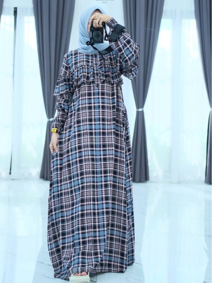 DRESS RUMBAI KOTAK DENIM LABELLA.DAILY PART OF ANJANISTORE Muslim Wanita Gamis Rayon Dewasa Lebaran