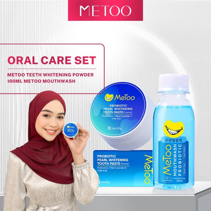 [BPOM] MeToo Teeth Whitening Powder+ Fresh Mint Mouthwash 100ml/ Probiotik / nafas segar / menghilan