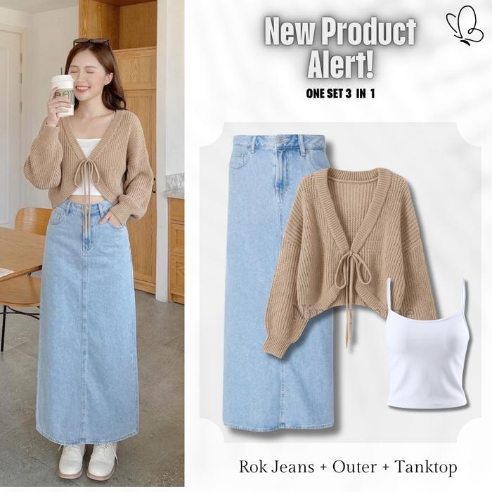 One Set 3in1 Korean Look | Rok Jeans Snow Blue Highwaist + Cardigan Rajut Bolero Crop + Tanktop Crop