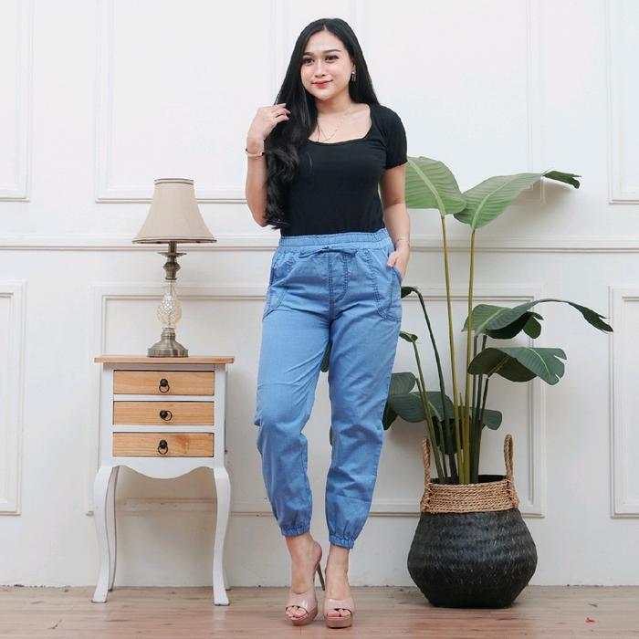 CELANA JOGER  PANJANG WANITA DEWASA  JOGER SEMI JEANS CATON UKURAN XL KARET MELAR TALI HIDUP SAKU DU