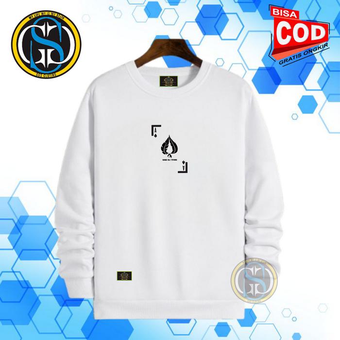 Sweter Crewneck Pria Wanita Distro Oblong  Warna Putih Motif KArtu As GGS Sekop Bahan Katun Fleece T