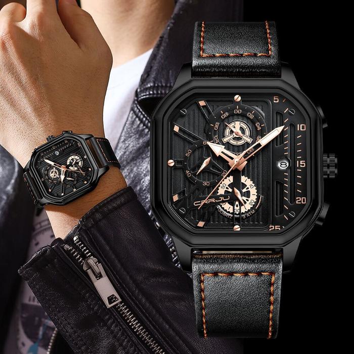 PROMO CRRJU Jam Tangan Pria Tren Fashion Asli Kreatif Panggil Persegi Kulit Kuarsa Tahan Air 2302