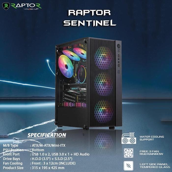 Casing PC Power Up Raptor Sentinel Mid Tower ATX With 3 Fan Case RGB *