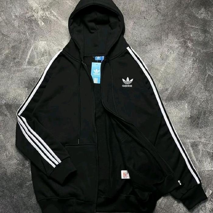 Adidas Hoodie Zipper Wanita dan Pria Original Hitam dengan Lengan Tiga Garis dan Logo Putih