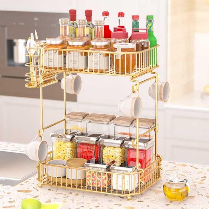 READY [ STR ] Littleapple_O Fruit Double Basket Gold / Rak Keranjang Buah Tingkat Emas Besi / Rak Bu