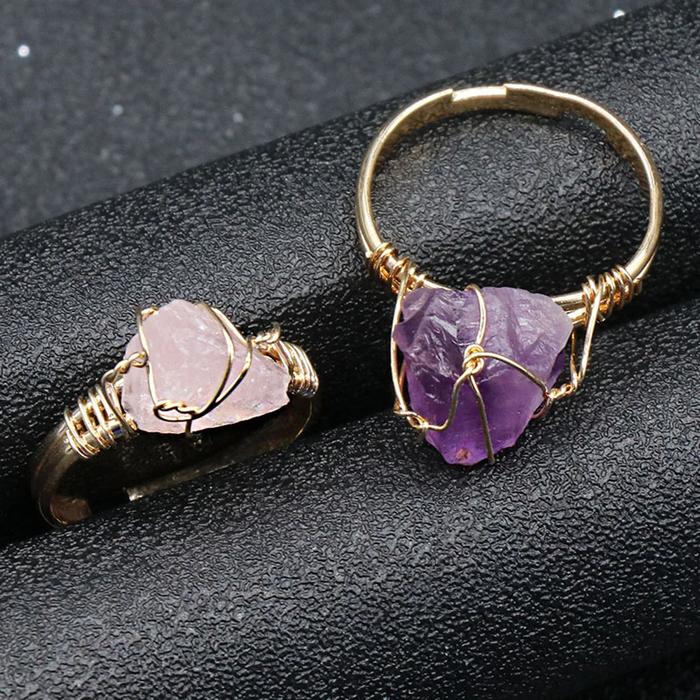 10-20mm Amethyst Rose Quartz Fluorite Natural Stone Irregular Gem Mineral Ring Jewelry Adjustable Ha