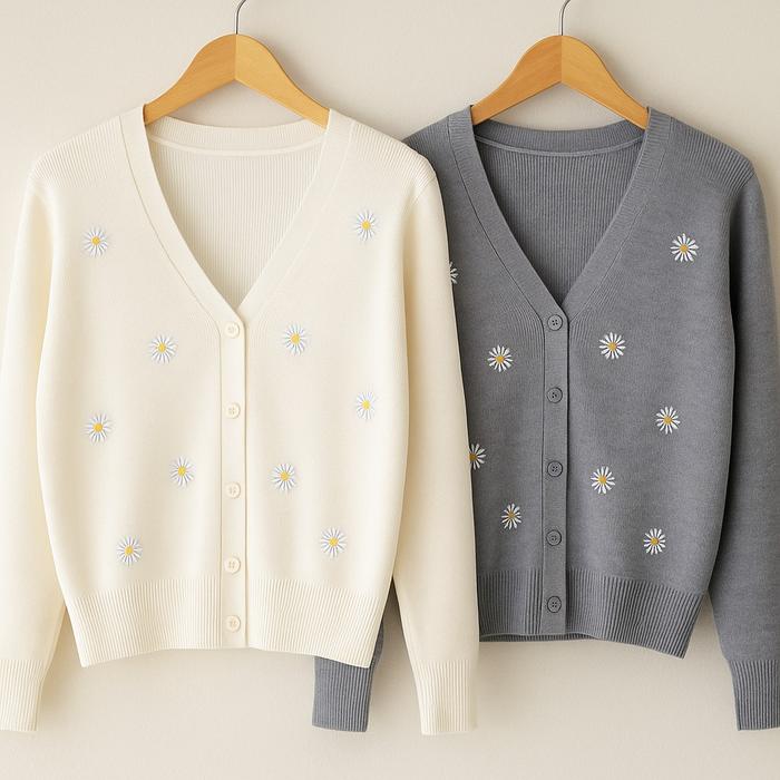 Daisy Cardi - Cardigan V Neck Variasi Bordir Bunga Daisy Lembut Nyaman Cantik Knitwear Wanita Santai