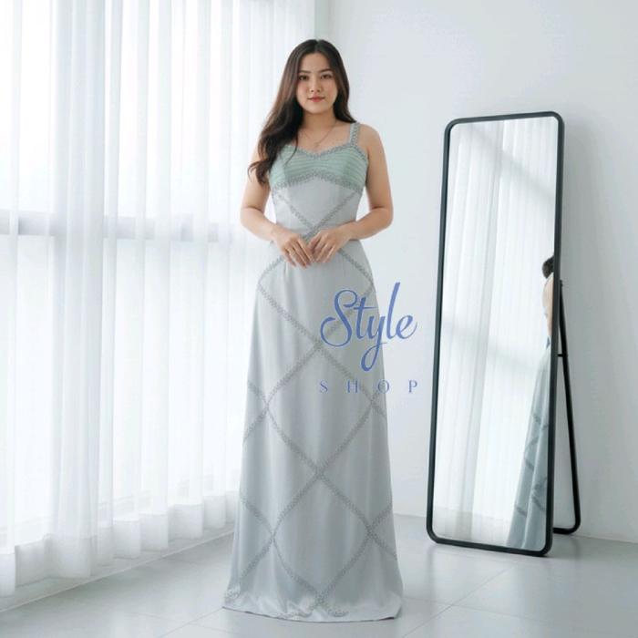 Styleshop1803 evening gown gaun malam gaun pesta Dress Wanita model A-Line warna silver kode 9561