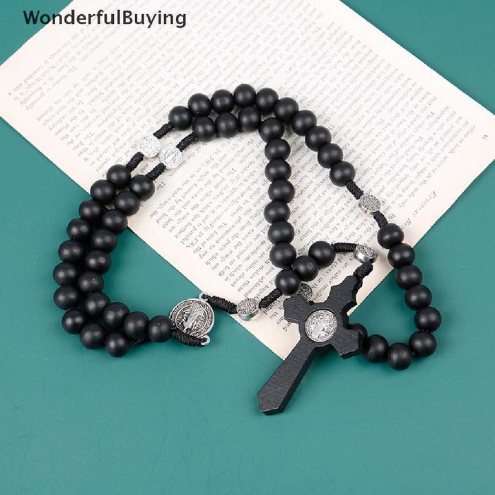 TERLARIS Kalung Rosario Bahan Kayu Warna Hitam Dengan Salib Yesus READY