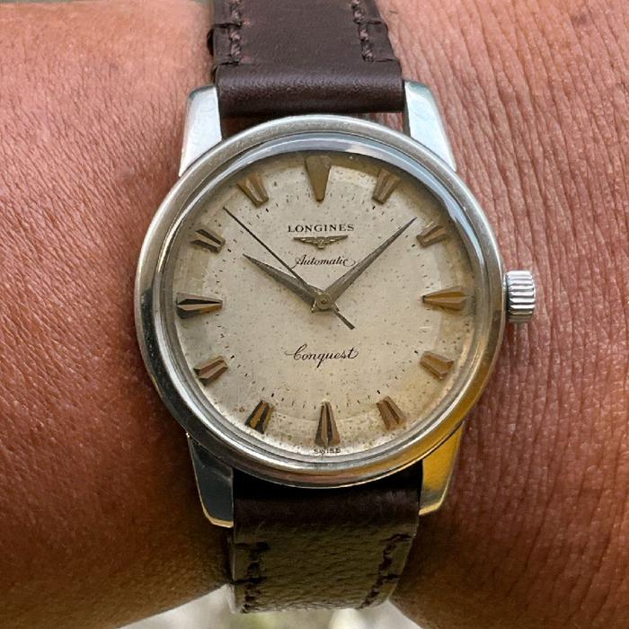 JAM KUNO ANTIK SWISS : LONGINES CONQUEST AUTOMATIC GOLD KOIN 1952 ORIGINAL