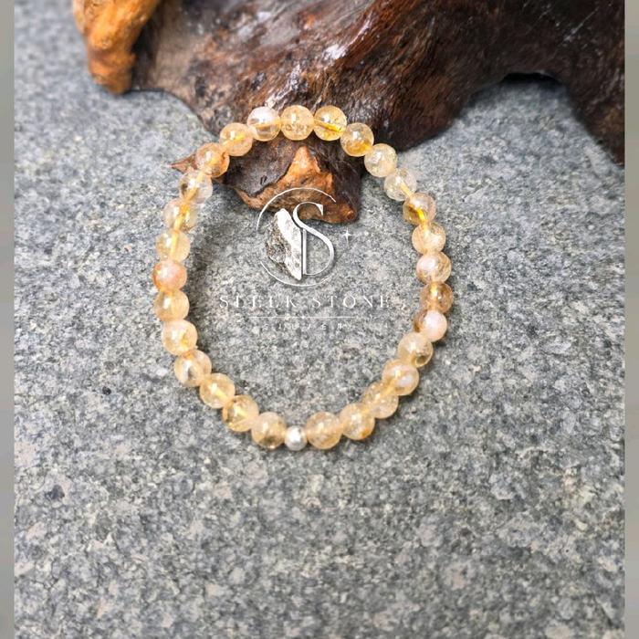 Gelang Elastis Citrine With Bead Bola Silver (Batu Asli Uk.6mm)