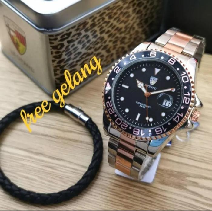 JAM TANGAN PRIA MEWAH ORIGINAL LEOPARD TANGGAL AKTIF S887 RANTAI BESI ANTI KARAT BONUS GELANG