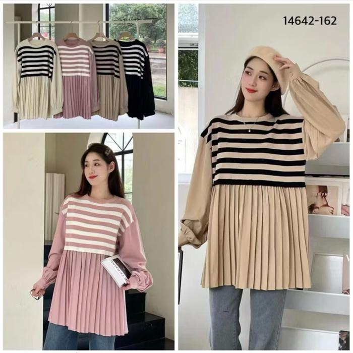 Blus plisket babydoll lengan balon. Atasan wanita oversize