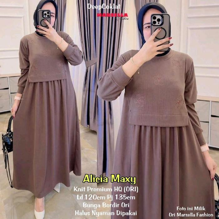 (Free Hijab) Gamis Wanita Terbaru Modern Alicia Maxy Deep Coklat Knit Premium HQ Original LD 120 Dre