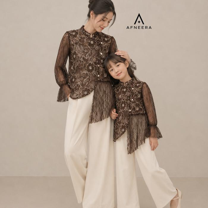 Afneera Virlly Tunik Outer Kebaya Couple Ibu Anak Brokat 3D Premium Kondangan Motif Floral Cantik &