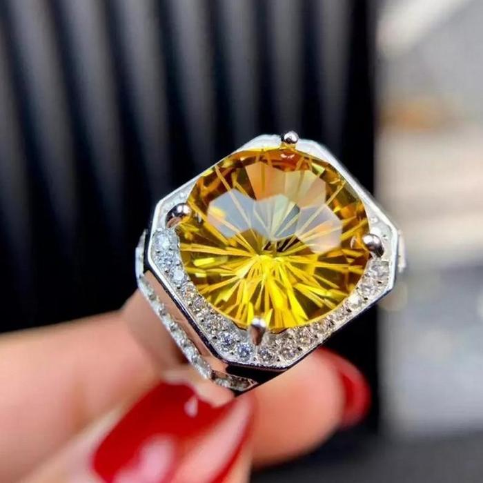 Fashion Perak Mengkilap Pria Faux Bulat Kuning Kristal Zirkonia Zirkonia Cincin Keren Desain Berlian