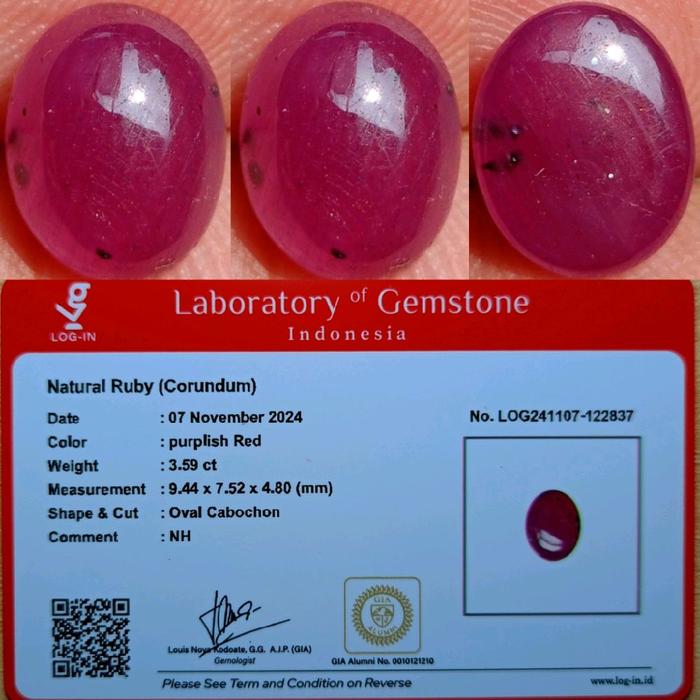 Natural Ruby Corundum NTE 3.59 Carats Purplish Red Memo LOG-IN