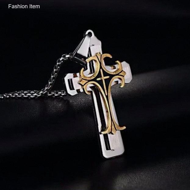Elloise kalung cowok keren 60cm EN271 Kalung rantai liontin salib ganda pria/wanita Liontin persegi 