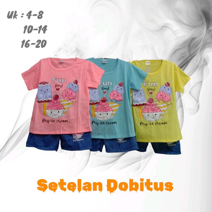 Setelan Baju DOBITUS Anak Perempuan Karakter Celana Semi Jeans - Fashion
