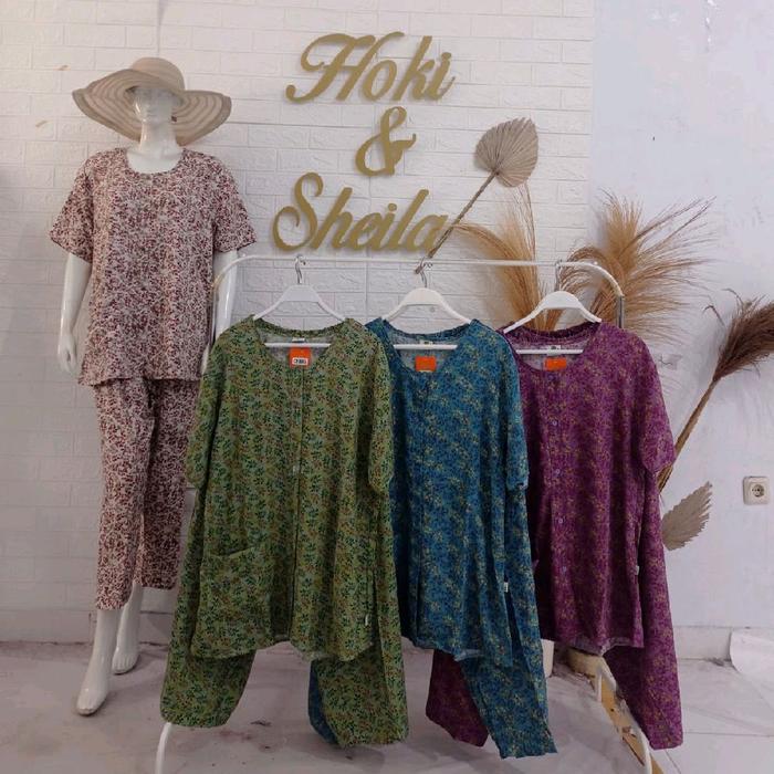 Baju tidur hoki sheila jumbo rayon premiium ld 120 lengan pendek celana panjang bahan rayon premium 