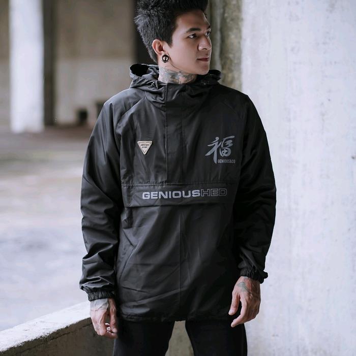 Rocket Queen Cagoule Jacket Black Japan Genious Jaket Kancing Motif Sablon Pria Parasut Logo Panjang