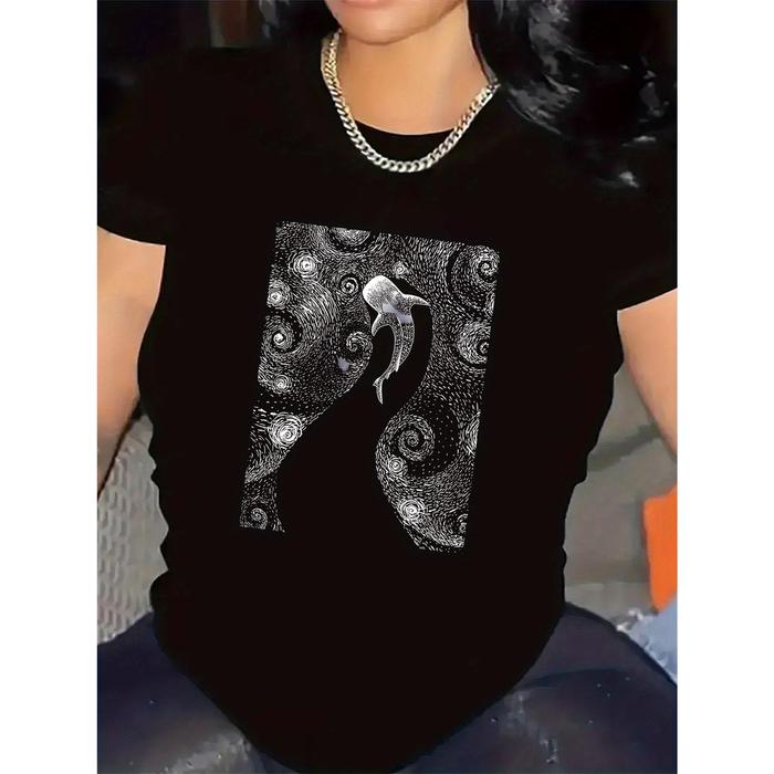 Women's Sparkling Elephant T-Shirt - Short Sleeve Blouse Top with Shimmering Pachyderm Print, Round