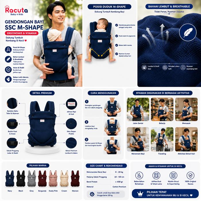 Racuta SSC M-Shape Premium – Gendongan Bayi Depan Ergonomis dengan Waist Belt