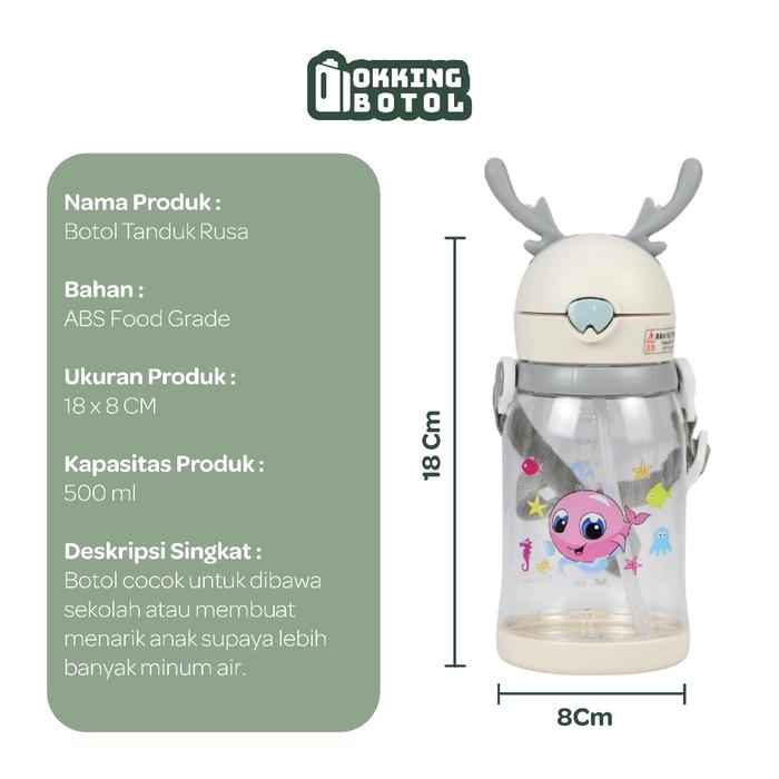 Botol Minum Anak Tanduk Rusa 550Ml / Botol Minum Tanduk Rusa Tali Sedotan Bpa Free Ts2186 Bottles Ki