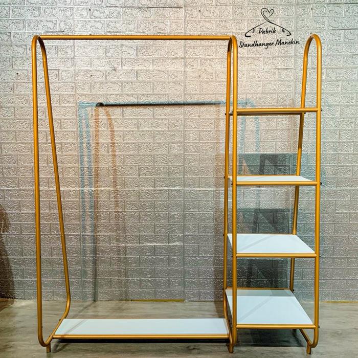New StandHanger Rak Tingkat Tiang Siku / Rak Hanger Baju Serbaguna - WHITE & GOLD / Gawang Baju Rak 