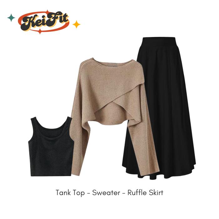Elvira Set wanita Kekinian Korea Style Tank Top, Atasan Sweater Silang Tebal Korea, Rok Susun Panjan