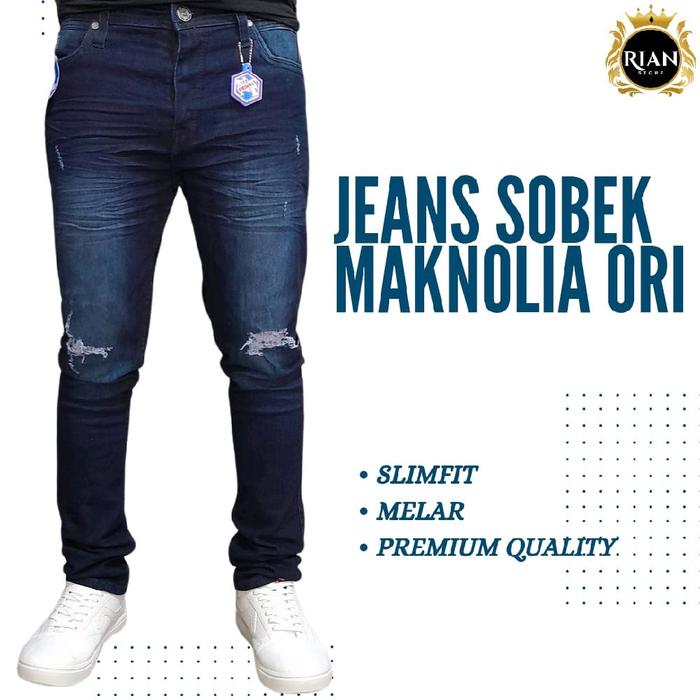 RIAN Jeans Sobek Maknolia Ori Celana Panjang Pria Slim Fit Size 28-38 Denim Hitam Dewasa Soft Cowok 