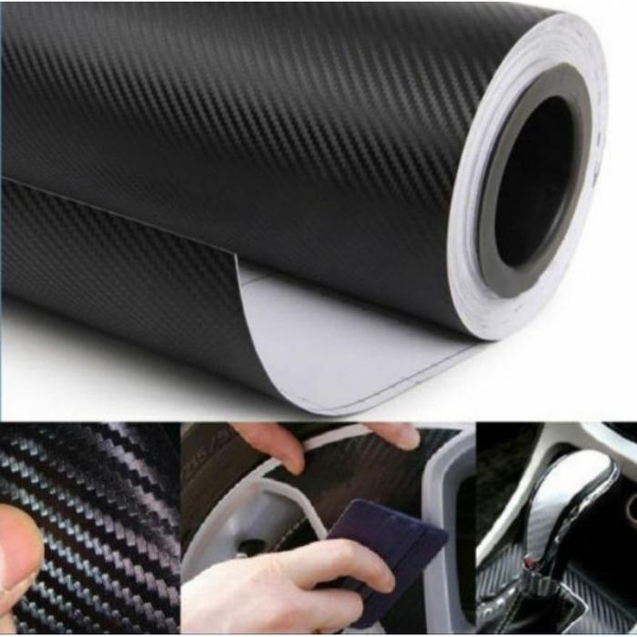 Stiker skotlet serat carbon 3D hitam doff Lebar 50cm