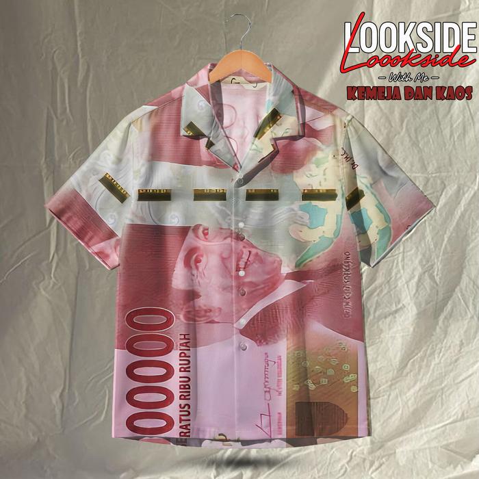 LOOKSIDE Kemeja Motif Uang Seratus Ribu - Kemeja Unisex Money Print Casual | LOK-324