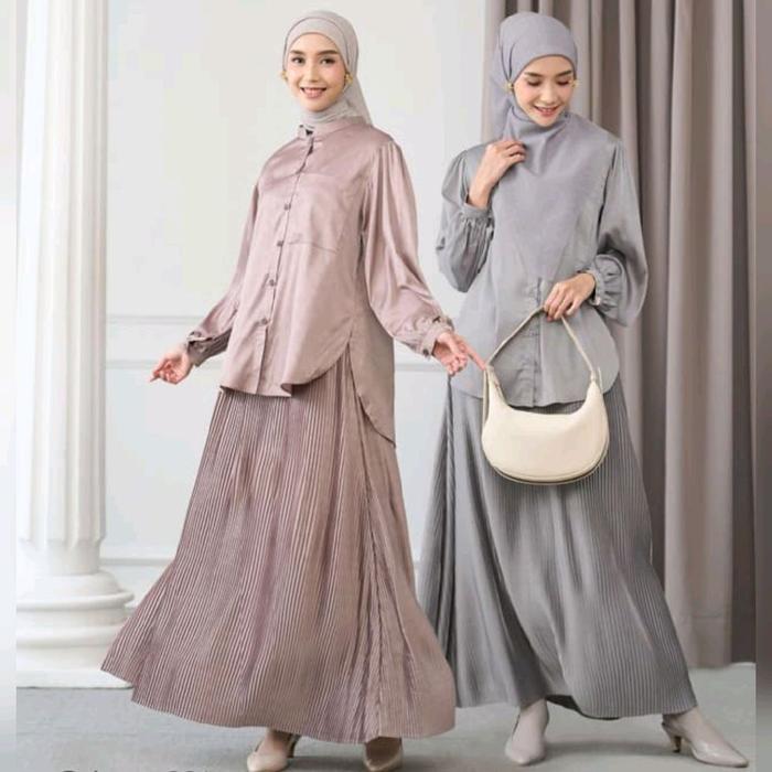 Nibras Selaras 004 Rose Tan Pink Salem Stone Grey Abu Baju Oneset Setelan Busana Muslimah Rok Pleat 