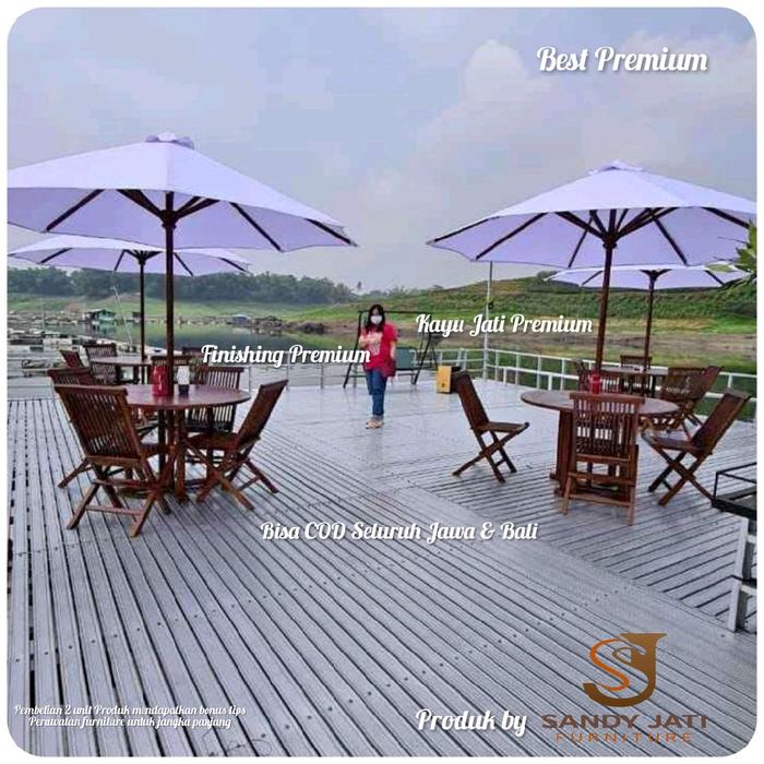 Set Meja kursi Payung Kayu Jati Outdoor, Set Meja Kursi Payung Cafe Kayu Jati Outdoor