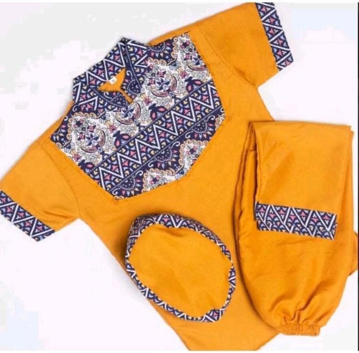 Setelan Baju Muslim Anak Motif Koko Batik Sultan Kuning Mustard Usia 1-10 Tahun Variasi Kancing Mand