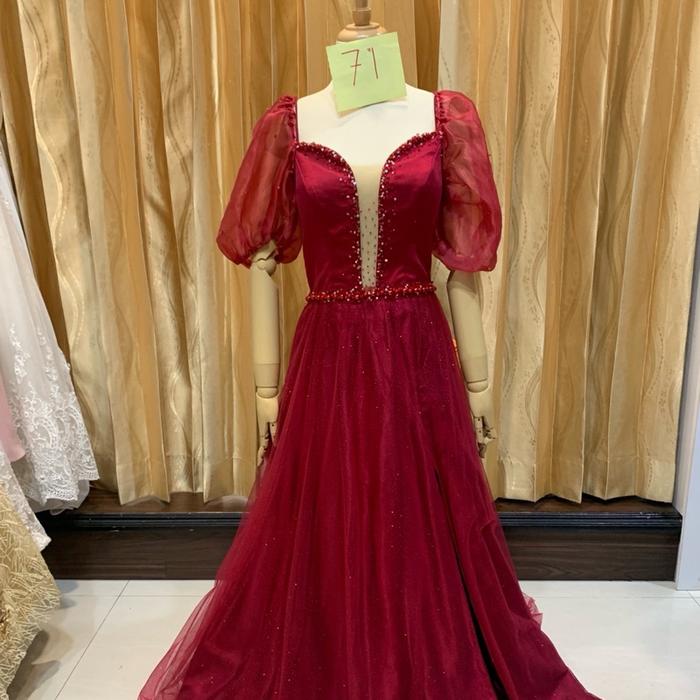GAUN MERAH MAROON BELAHAN LENGAN BALON