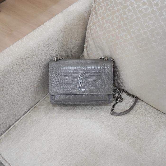 YSL Sunset Medium Croco Embossed Grey SHW GARANSI 100% AUTHENTIC