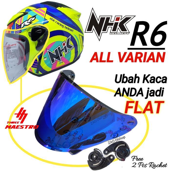 Kaca NHK R6 FLAT | Datar visor bisa dipasang anti fog dan Tear Off Original Three Maestro Kuat hema