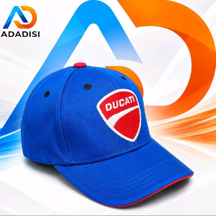 Ducati Topi Baseball Biru Sporty dengan Logo Bordir Depan - Cap Klasik Nyaman untuk Pria dan Wanita 