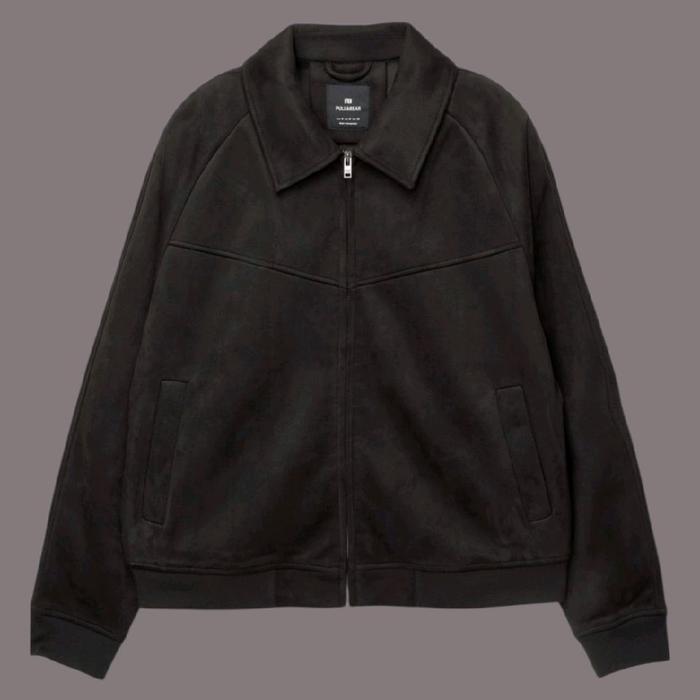 Jaket Bomber Pull and Bear Kerah Suede Original Hitam
