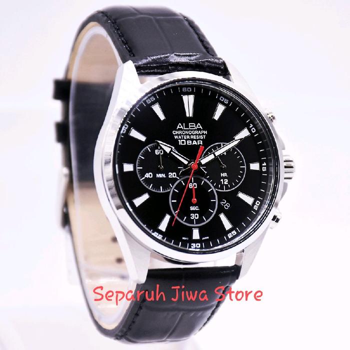 Alba Jam Tangan Chronograph Water Resist 10 Bar dengan Tali Kulit Hitam dan Dial Hitam