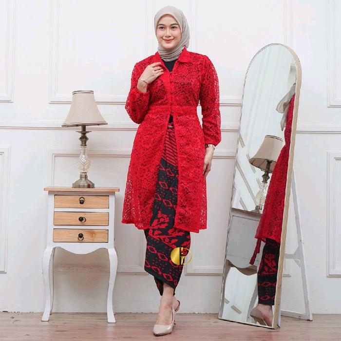 Setelan Tunik Brokat dan Rok Lilit Batik untuk Wanita Dewasa - Baju, Celana, Katun, Panjang, Atasan,