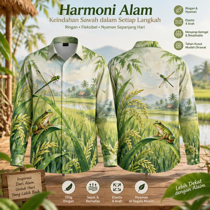 Kemeja Pria Lengan Panjang Motif Sawah Padi Katak Capung Warna Hijau Kerah Kancing Casual Outdoor CO