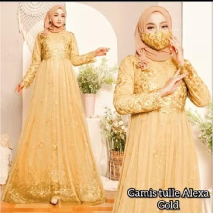 Gamis Alexa Brukat GOLD FREE MASKER / Gamis Full Brukat Tile / Gamis Brukat Size M L XL XXL/ Dress A